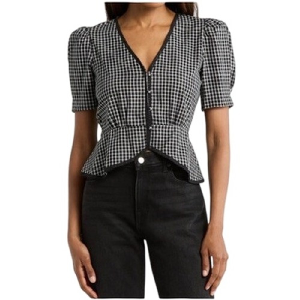 WAYF Womens Peplum Top Size M Black White Gingham Lace Trim Puff Sleeve